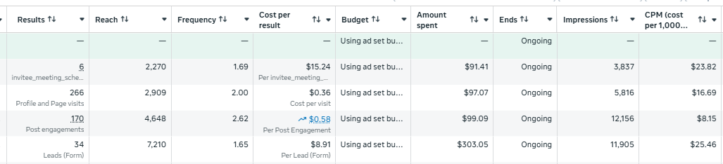A Meta ad account for the AI software company, name removed, showing 34 leads at 8.91 dollars each and 6 booked meetings at 15.24 dollars each.